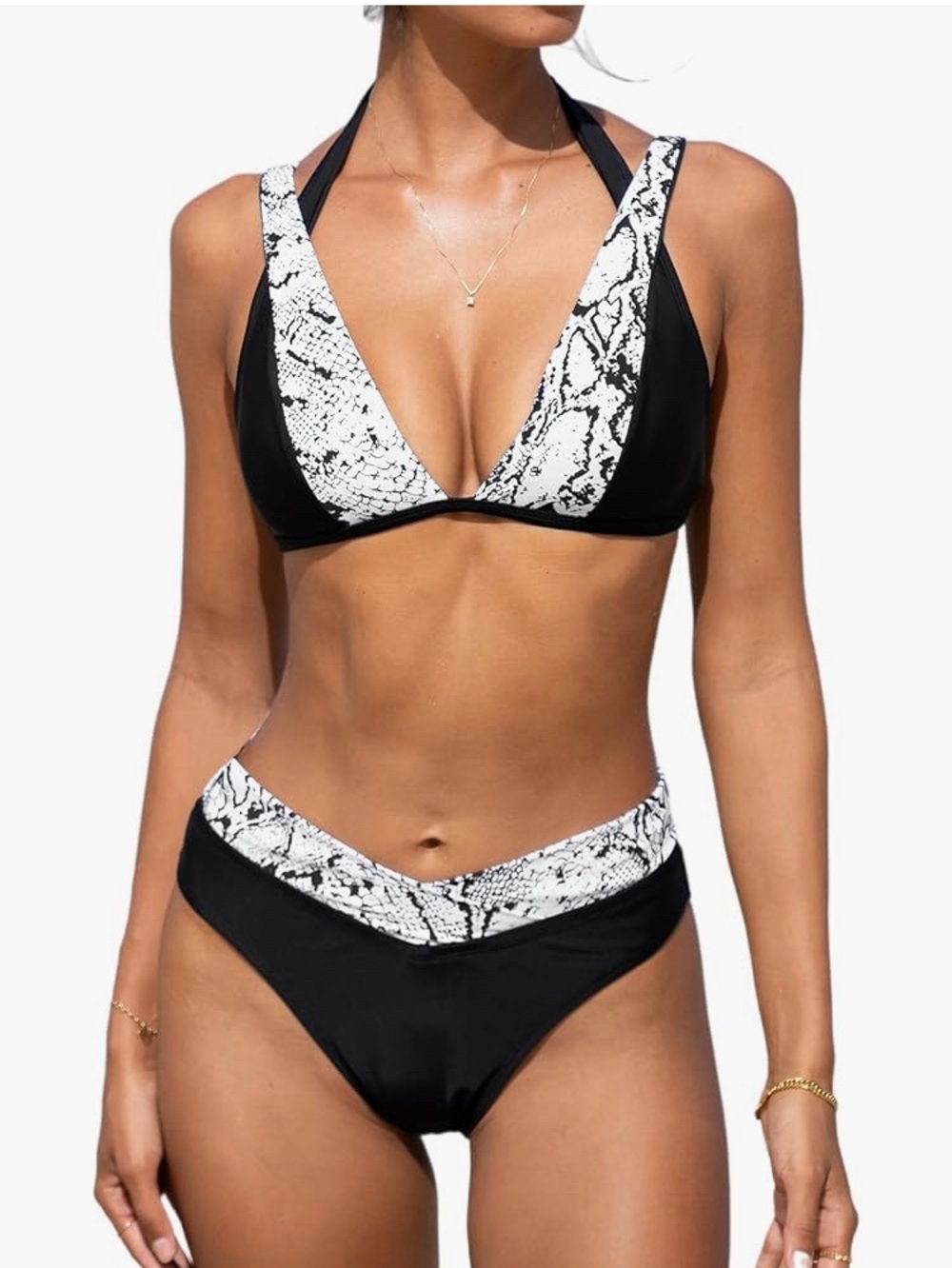Cupshe Black and White Snake-Print V-Neck Bikini